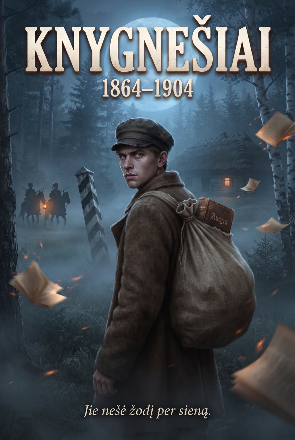 Book Cartel: Knygnešiai — plakatas: knygnešys su knygų maišu prie pasienio stulpo naktį